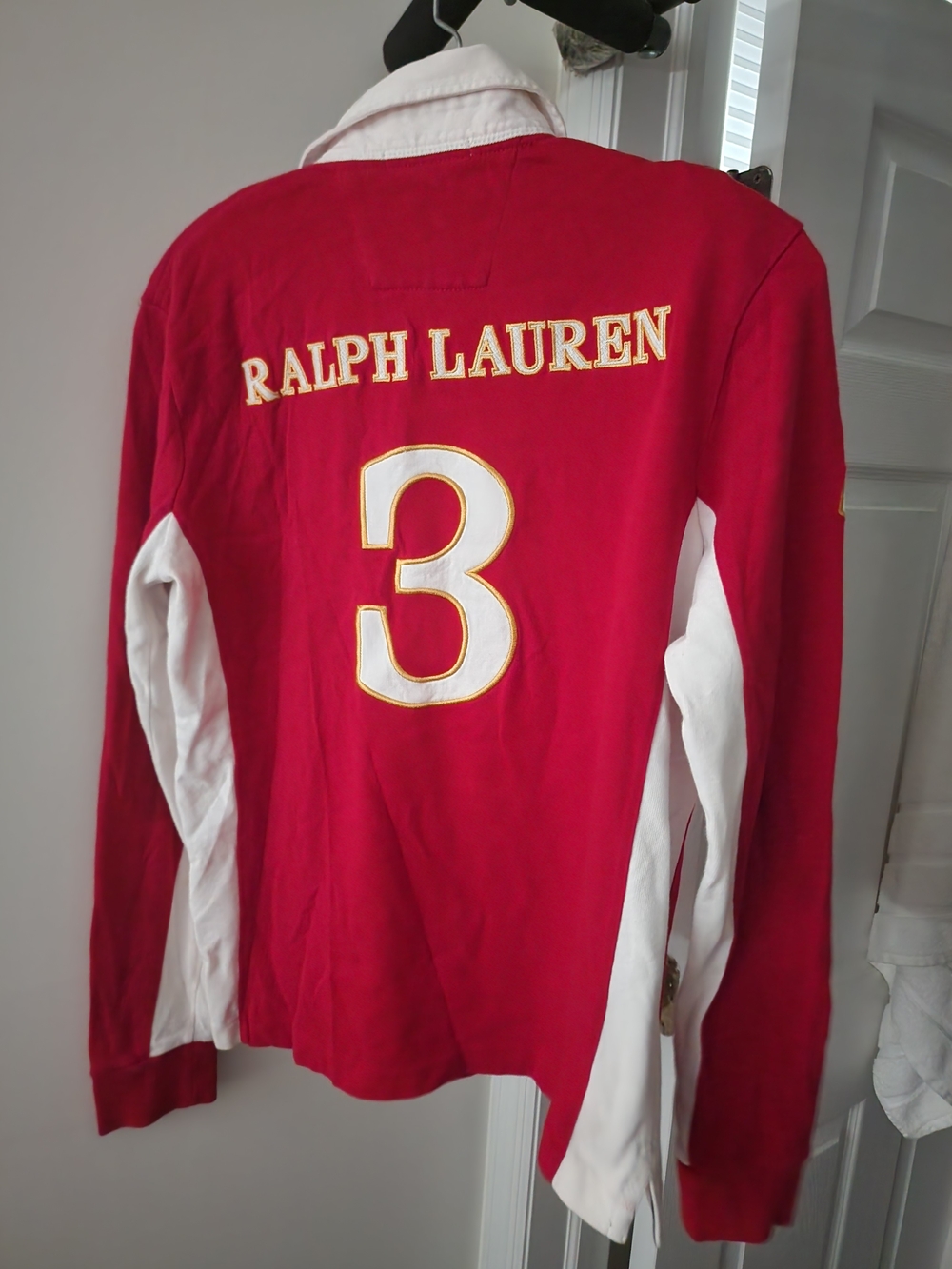 Ralph Lauren Red Long-Sleeve Rugby Polo with White Panels and Gold Crest